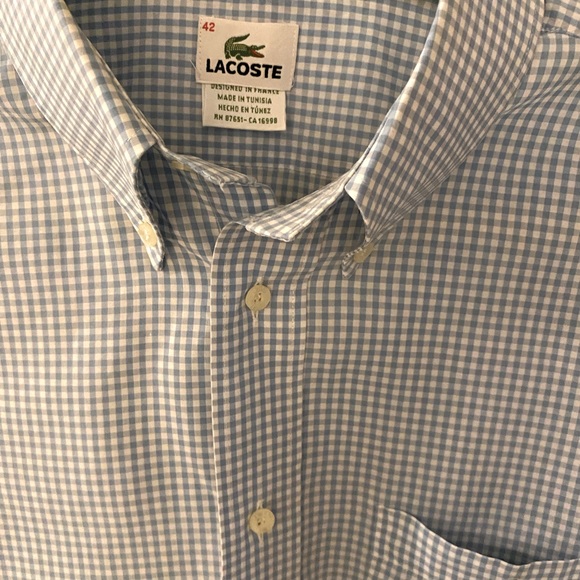 Men’s Lacoste blue and white checked button down; SZ 43 - Picture 2 of 4